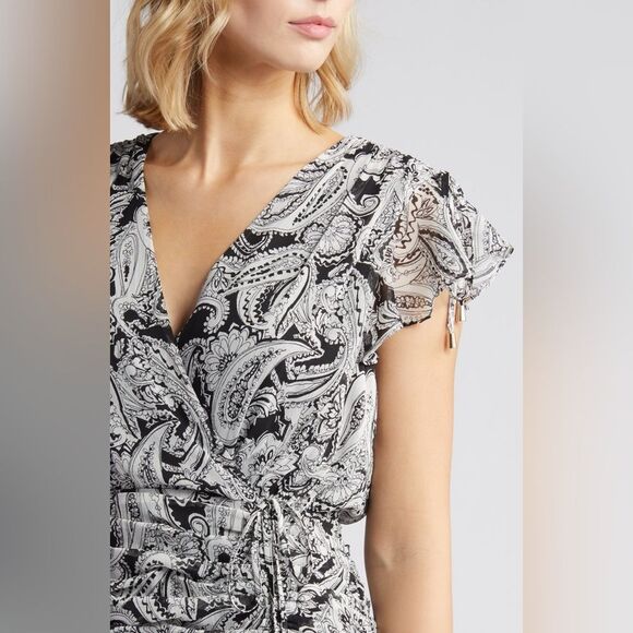 NEW TAHARI ASL Paisley Side Ruched Midi Dress in Black Ivory Plus Size 14 - Picture 2 of 14